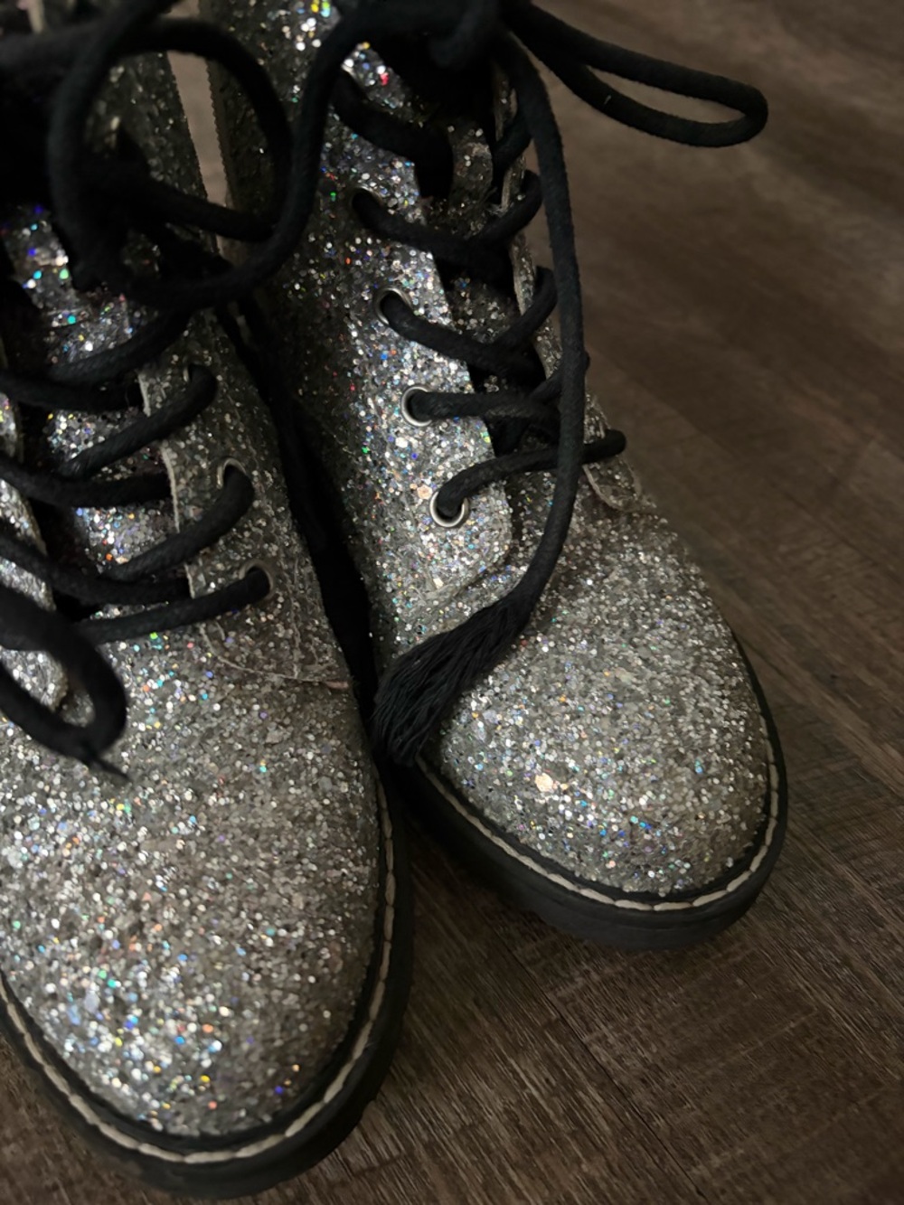 Steve Madden Girls Silver Glitter Lace-Up Combat Boots - Picture 4 of 11